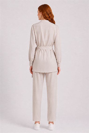 FTZ Women Kadın Omuz Taşli Tencel Takım  Beige 31414