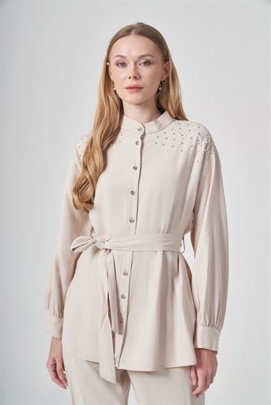 FTZ Women Kadın Omuz Taşli Tencel Takım  Beige 31414