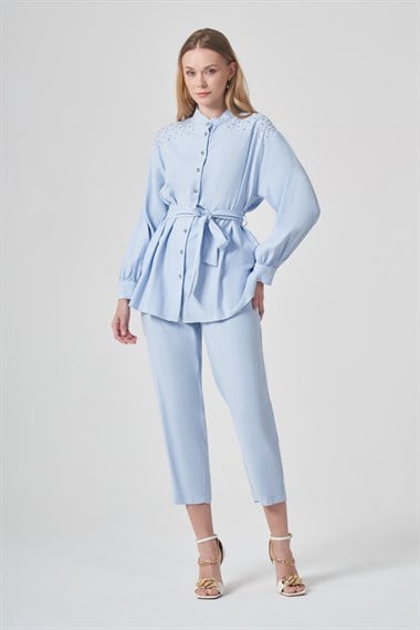 FTZ Women Kadın Omuz Taşli Tencel Takım  BUZ MAVİ 31414