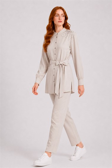 FTZ Women Kadın Omuz Taşli Tencel Takım  Beige 31414