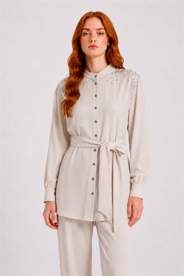 FTZ Women Kadın Omuz Taşli Tencel Takım  Beige 31414