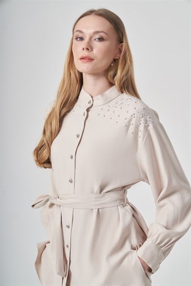 FTZ Women Kadın Omuz Taşli Tencel Takım  Beige 31414