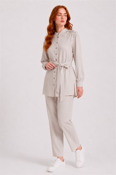 FTZ Women Kadın Omuz Taşli Tencel Takım  Beige 31414
