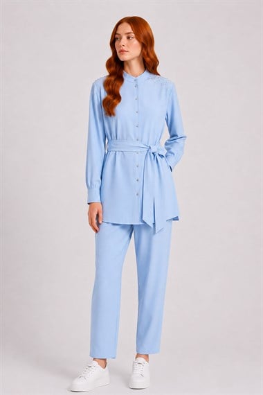 FTZ Women Kadın Omuz Taşli Tencel Takım  Mavi 31414