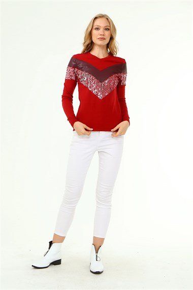 FTZ Women Kadın Ön Baskı Detaylı Kazak  Kırmızı 21-1330