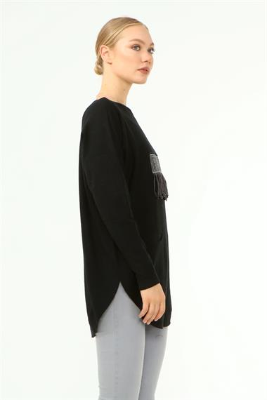 FTZ Women Kadın Ön İşlemeli Owersize Kazak  Siyah 21-1290