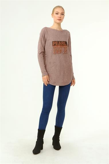 FTZ Women Kadın Ön İşlemeli Owersize Kazak  Beige 21-1290