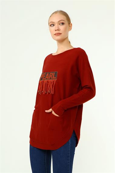 FTZ Women Kadın Ön İşlemeli Owersize Kazak  Kiremit 21-1290