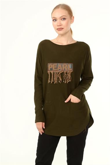 FTZ Women Kadın Ön İşlemeli Owersize Kazak  Haki 21-1290
