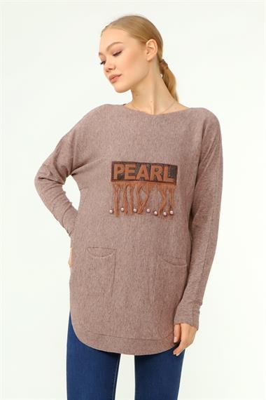 FTZ Women Kadın Ön İşlemeli Owersize Kazak  Beige 21-1290