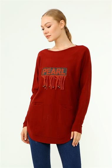 FTZ Women Kadın Ön İşlemeli Owersize Kazak  Kiremit 21-1290