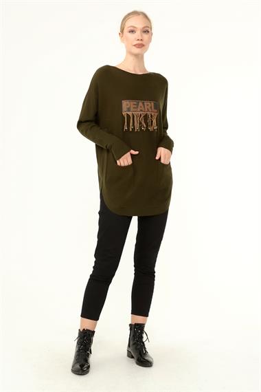 FTZ Women Kadın Ön İşlemeli Owersize Kazak  Haki 21-1290
