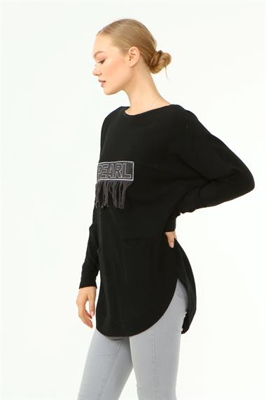 FTZ Women Kadın Ön İşlemeli Owersize Kazak  Siyah 21-1290
