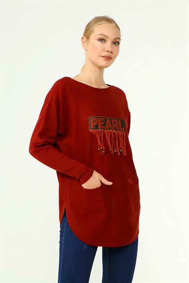 FTZ Women Kadın Ön İşlemeli Owersize Kazak  Kiremit 21-1290