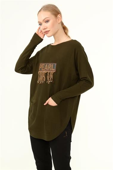 FTZ Women Kadın Ön İşlemeli Owersize Kazak  Haki 21-1290