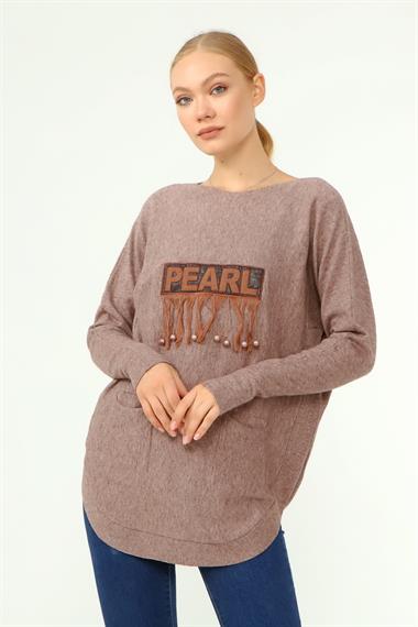 FTZ Women Kadın Ön İşlemeli Owersize Kazak  Beige 21-1290