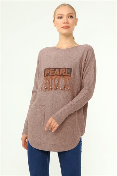 FTZ Women Kadın Ön İşlemeli Owersize Kazak  Beige 21-1290