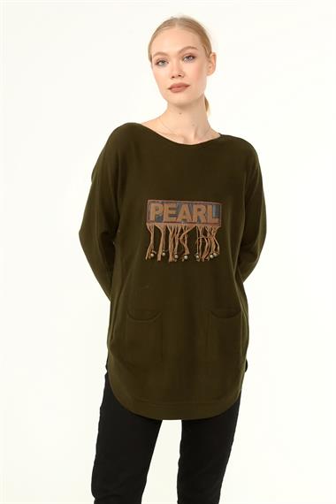 FTZ Women Kadın Ön İşlemeli Owersize Kazak  Haki 21-1290
