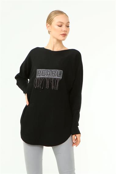 FTZ Women Kadın Ön İşlemeli Owersize Kazak  Siyah 21-1290
