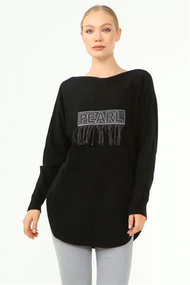 FTZ Women Kadın Ön İşlemeli Owersize Kazak  Siyah 21-1290