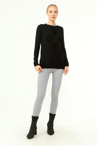 FTZ Women Kadın Ön Püskül Detaylı Kazak  Siyah 21-1314