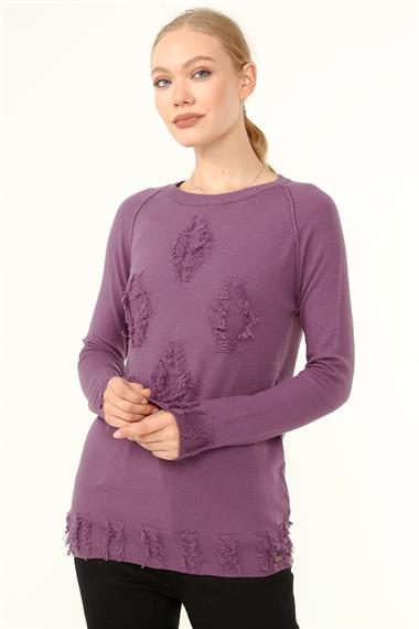 FTZ Women Kadın Ön Püskül Detaylı Kazak  Lila 21-1314