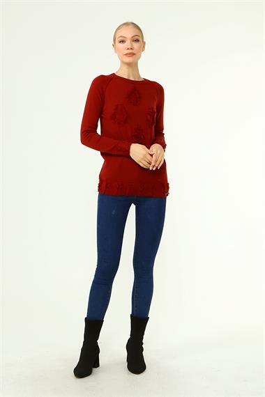 FTZ Women Kadın Ön Püskül Detaylı Kazak  Kiremit 21-1314