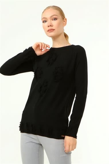 FTZ Women Kadın Ön Püskül Detaylı Kazak  Siyah 21-1314