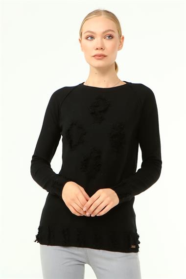 FTZ Women Kadın Ön Püskül Detaylı Kazak  Siyah 21-1314