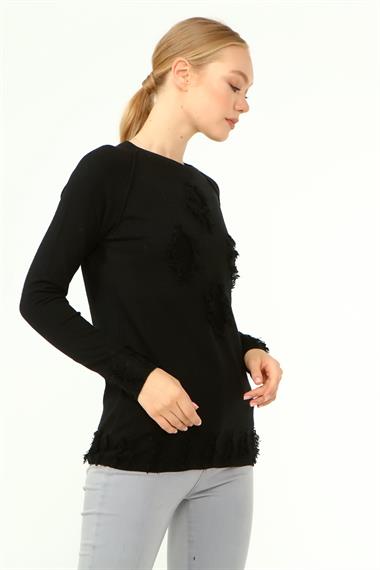 FTZ Women Kadın Ön Püskül Detaylı Kazak  Siyah 21-1314