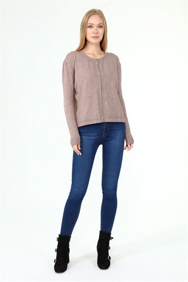 FTZ Women Kadın Ön Taş Detay Hırka  Beige 21-1351