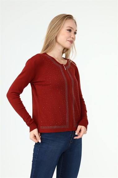 FTZ Women Kadın Ön Taş Detay Hırka  Kiremit 21-1351