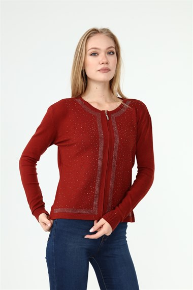 FTZ Women Kadın Ön Taş Detay Hırka  Kiremit 21-1351