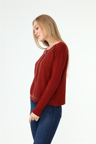 FTZ Women Kadın Ön Taş Detay Hırka  Kiremit 21-1351