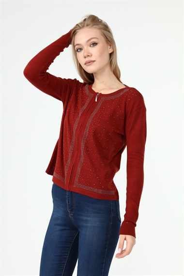 FTZ Women Kadın Ön Taş Detay Hırka  Kiremit 21-1351