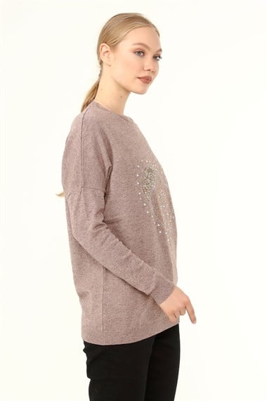 FTZ Women Kadın Ön Taş Detay Owersize Kazak  Beige 21-1326