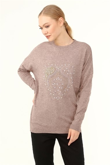 FTZ Women Kadın Ön Taş Detay Owersize Kazak  Beige 21-1326
