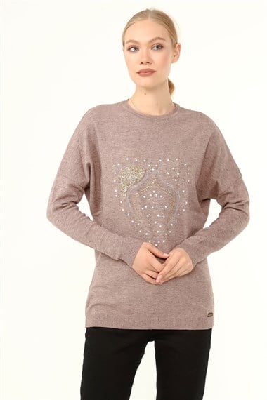 FTZ Women Kadın Ön Taş Detay Owersize Kazak  Beige 21-1326
