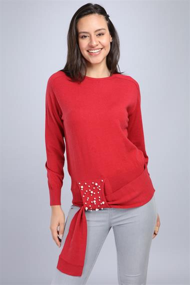 FTZ Women Kadın Önü İncili Bluz  Kırmızı 20-570