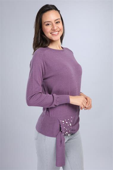 FTZ Women Kadın Önü İncili Bluz  Lila 20-570