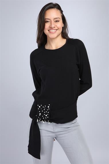 FTZ Women Kadın Önü İncili Bluz  Siyah 20-570