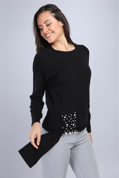 FTZ Women Kadın Önü İncili Bluz  Siyah 20-570