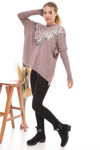 FTZ Women Kadın Önü Pul Payet İşlemeli Triko  Beige 21-1110