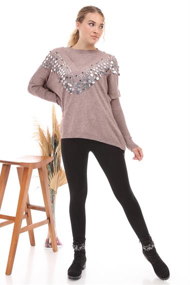 FTZ Women Kadın Önü Pul Payet İşlemeli Triko  Beige 21-1110