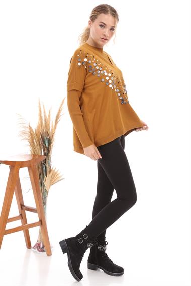 FTZ Women Kadın Önü Pul Payet İşlemeli Triko  Safran 21-1110