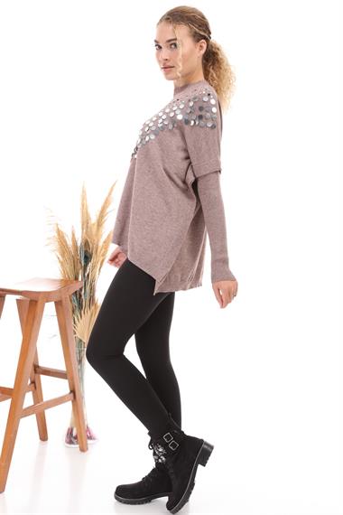 FTZ Women Kadın Önü Pul Payet İşlemeli Triko  Beige 21-1110