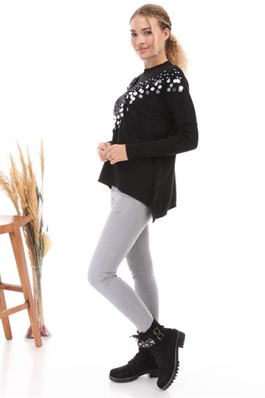 FTZ Women Kadın Önü Pul Payet İşlemeli Triko  Siyah 21-1110
