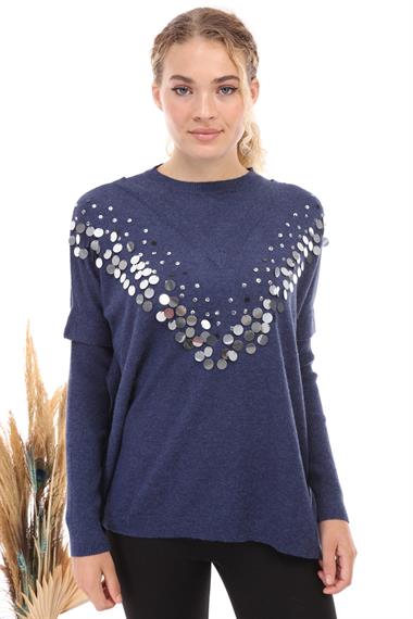 FTZ Women Kadın Önü Pul Payet İşlemeli Triko  İndigo 21-1110