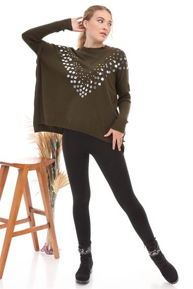 FTZ Women Kadın Önü Pul Payet İşlemeli Triko  Haki 21-1110