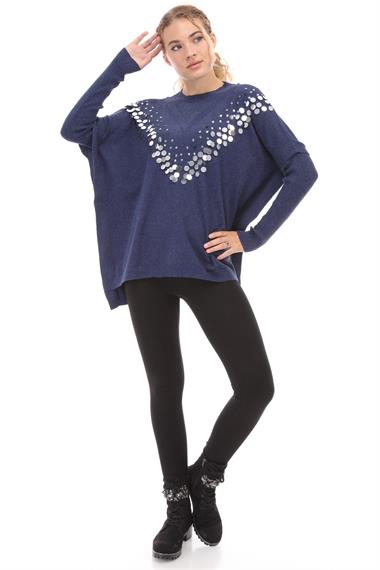 FTZ Women Kadın Önü Pul Payet İşlemeli Triko  İndigo 21-1110